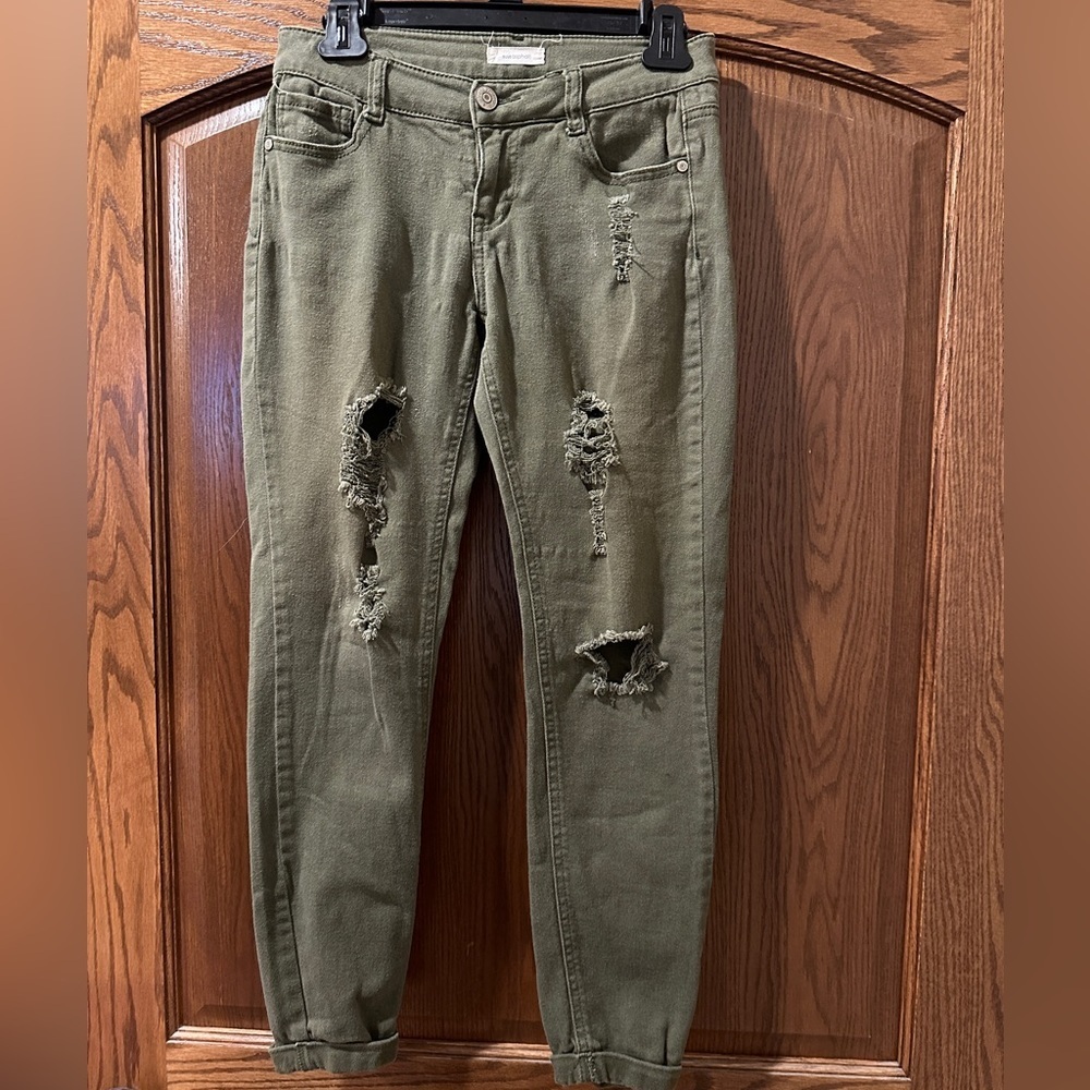 Blue Asphalt Women's Distressed Olive Green Skinny Jeans Size 5